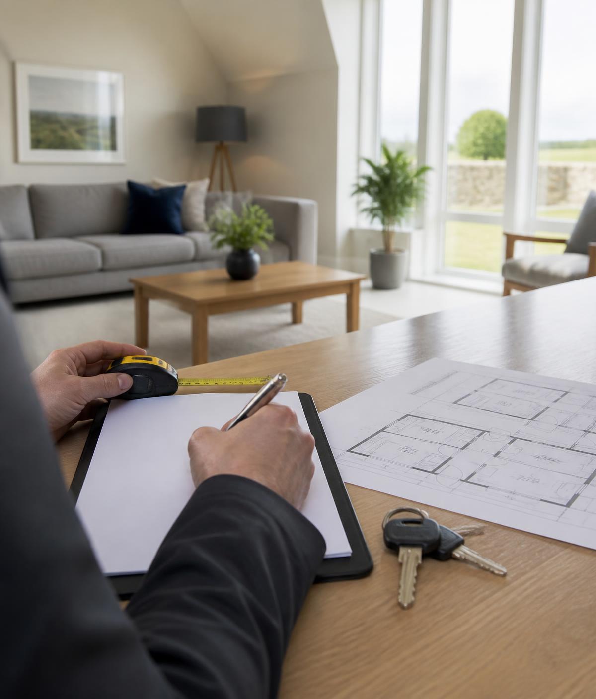 Property valuation notes, floor plans and keys on a table